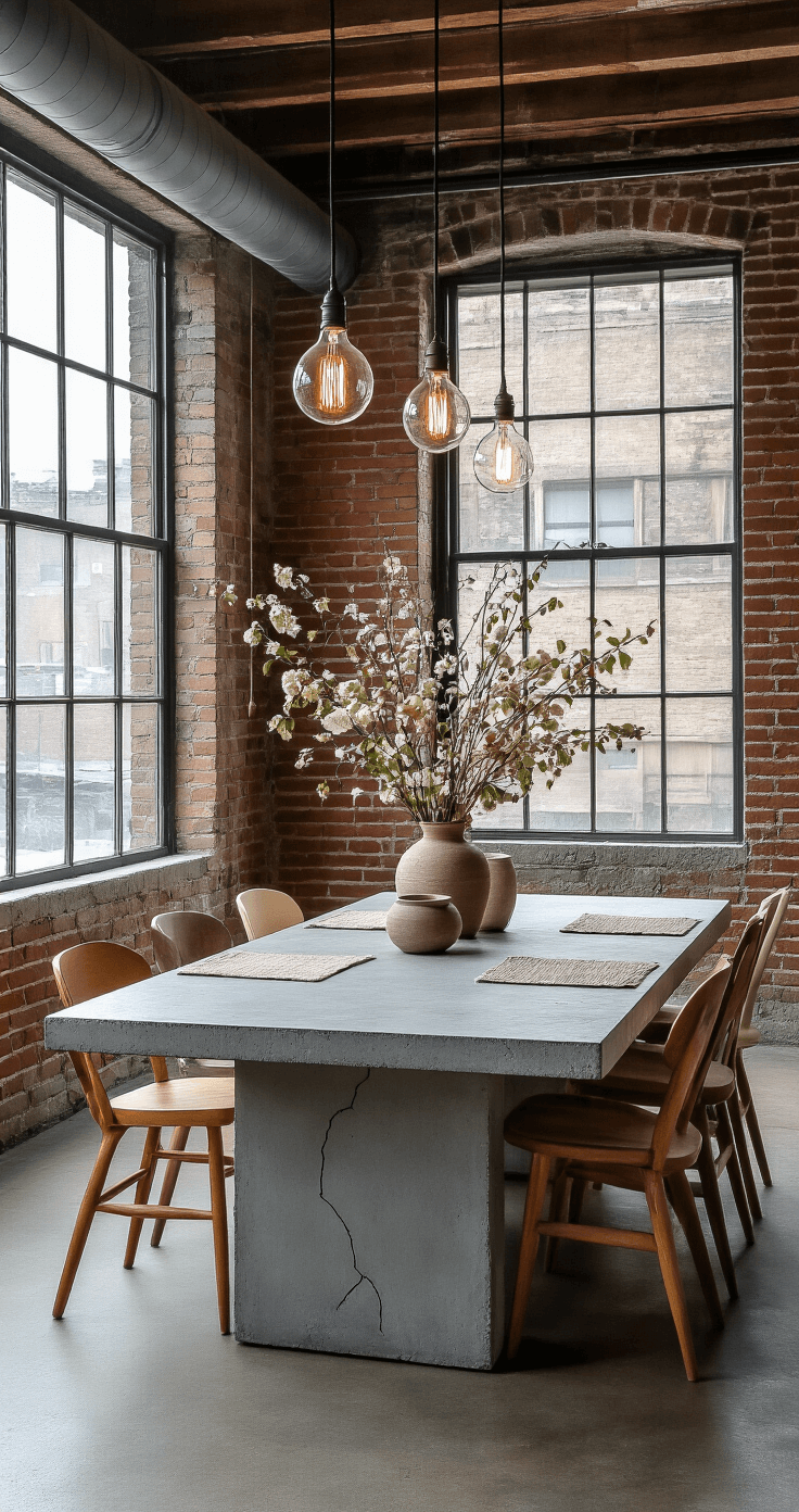 A bright, airy dining space in a loft with exposed brick walls and industrial windows, featuring a large polished concrete table surrounded by mix-and-match chairs, decorative ikenbana arrangement, and colorful placemats, all illuminated by oversized Edison bulb pendants.