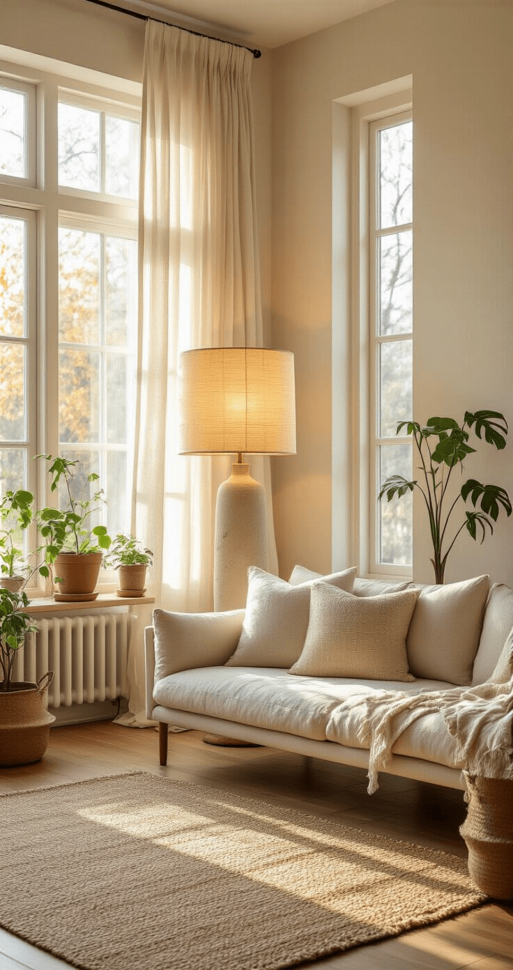 A serene living room featuring a tall Wabi Sabi floor lamp in soft, warm light, with large windows draped in sheer linen curtains, a low-slung oatmeal linen sofa adorned with textured throw pillows, a handwoven jute rug atop weathered hardwood floors, and potted plants in the corners, creating a calming atmosphere.
