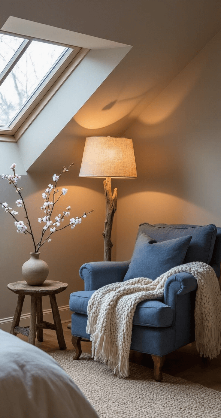 A cozy bedroom corner at twilight, featuring a driftwood floor lamp with a handmade paper shade, a vintage indigo linen chair with a cream chunky knit throw, and a small ceramic vase with cherry blossoms on a reclaimed wood table, all set against matte clay walls.