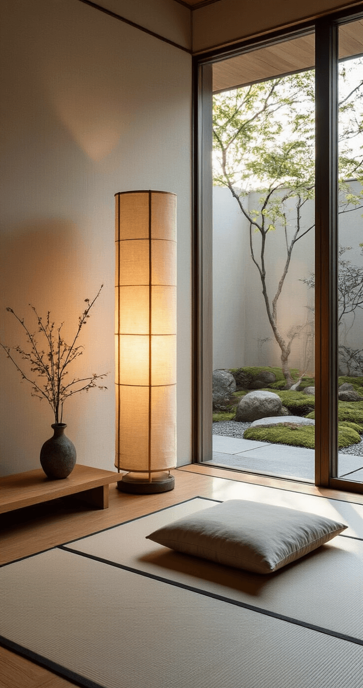 A serene minimalist meditation corner in a home office, featuring floor-to-ceiling windows overlooking a zen garden, illuminated by early morning light and a Wabi Sabi lamp, with a low meditation cushion on a tatami mat, an ikebana arrangement in a stone vase, and textured washi paper walls.
