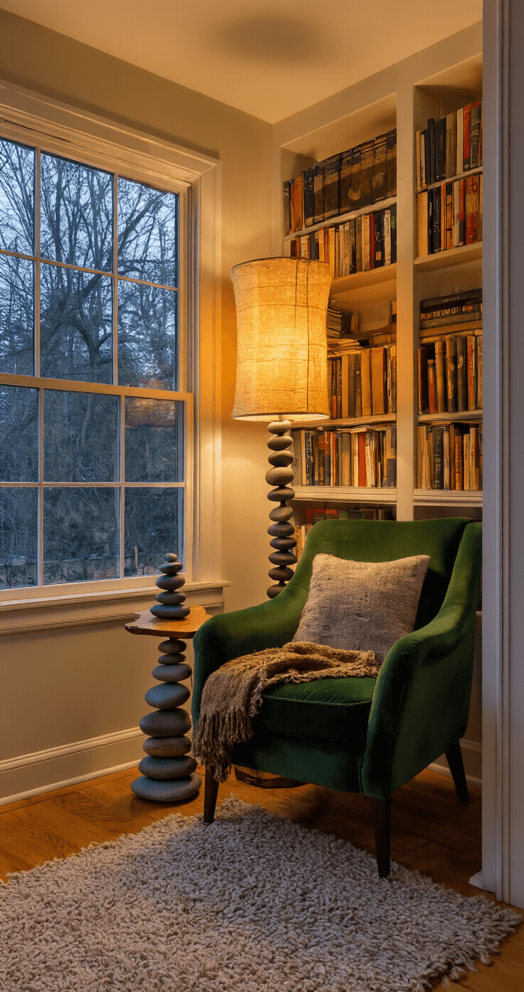 A cozy reading nook with a plush forest green armchair and a Wabi Sabi floor lamp made of stacked river stones, illuminating well-worn books on built-in shelves. A vintage Persian rug partially covers the wooden floor, and a wool throw adds warmth to the inviting space.
