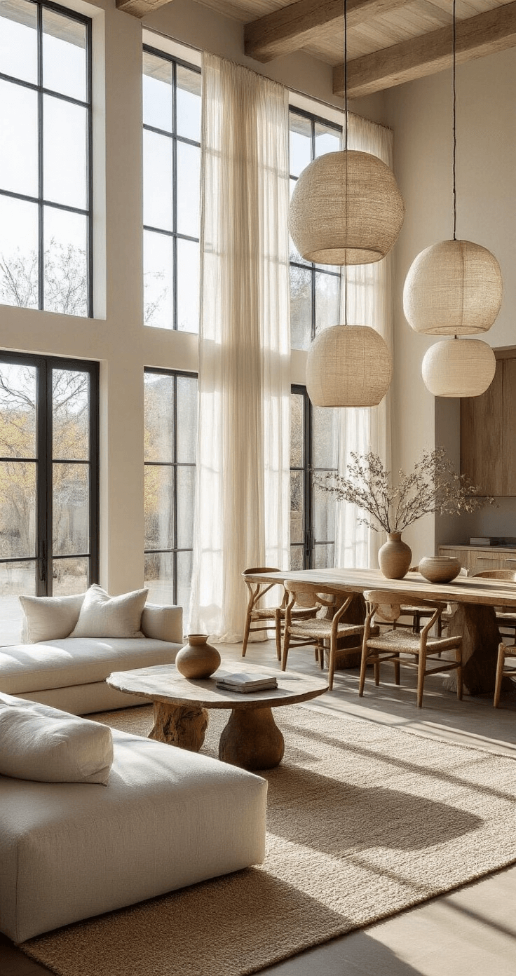 An airy, open-concept living and dining area with 12-foot ceilings, showcasing expansive windows and soft afternoon light. A large, gnarled olive wood floor lamp anchors the living space, illuminating a low-profile sectional in greige bouclé. The dining area features a long, live-edge table surrounded by mismatched wooden chairs and flanked by smaller crackle-glazed lamps. Sheer muslin curtains softly filter sunlight, while a large abstract painting in muted earth tones decorates the wall, highlighting the harmonious flow between the two spaces.