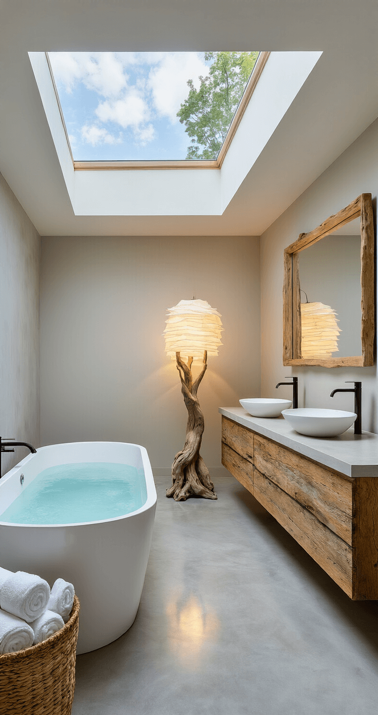 A luxurious master bathroom featuring a freestanding soaking tub beneath a skylight, illuminated by moonlight and a tall Wabi Sabi floor lamp with a driftwood base and washi paper shade. The scene includes polished concrete floors, a floating double vanity made from reclaimed wood with sleek vessel sinks, and a living wall of ferns and moss, creating a serene, organic atmosphere.