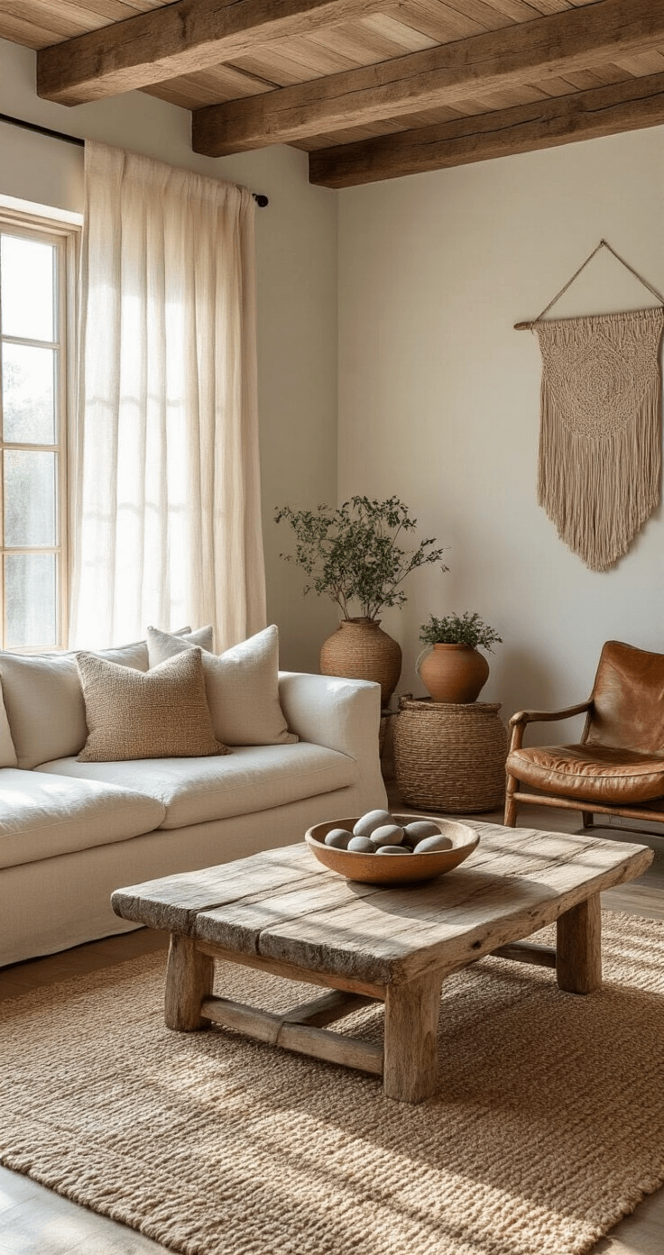 A sun-drenched living room featuring exposed wooden beams, weathered plank flooring, and a low-slung oatmeal linen sofa with mismatched earth-toned pillows. A driftwood coffee table holds a ceramic bowl of river stones, while a patinated leather armchair sits beside a macramé wall hanging. The space is filled with natural textures including a jute rug, rattan baskets, and trailing plants in clay pots, all bathed in soft afternoon light for a serene atmosphere.