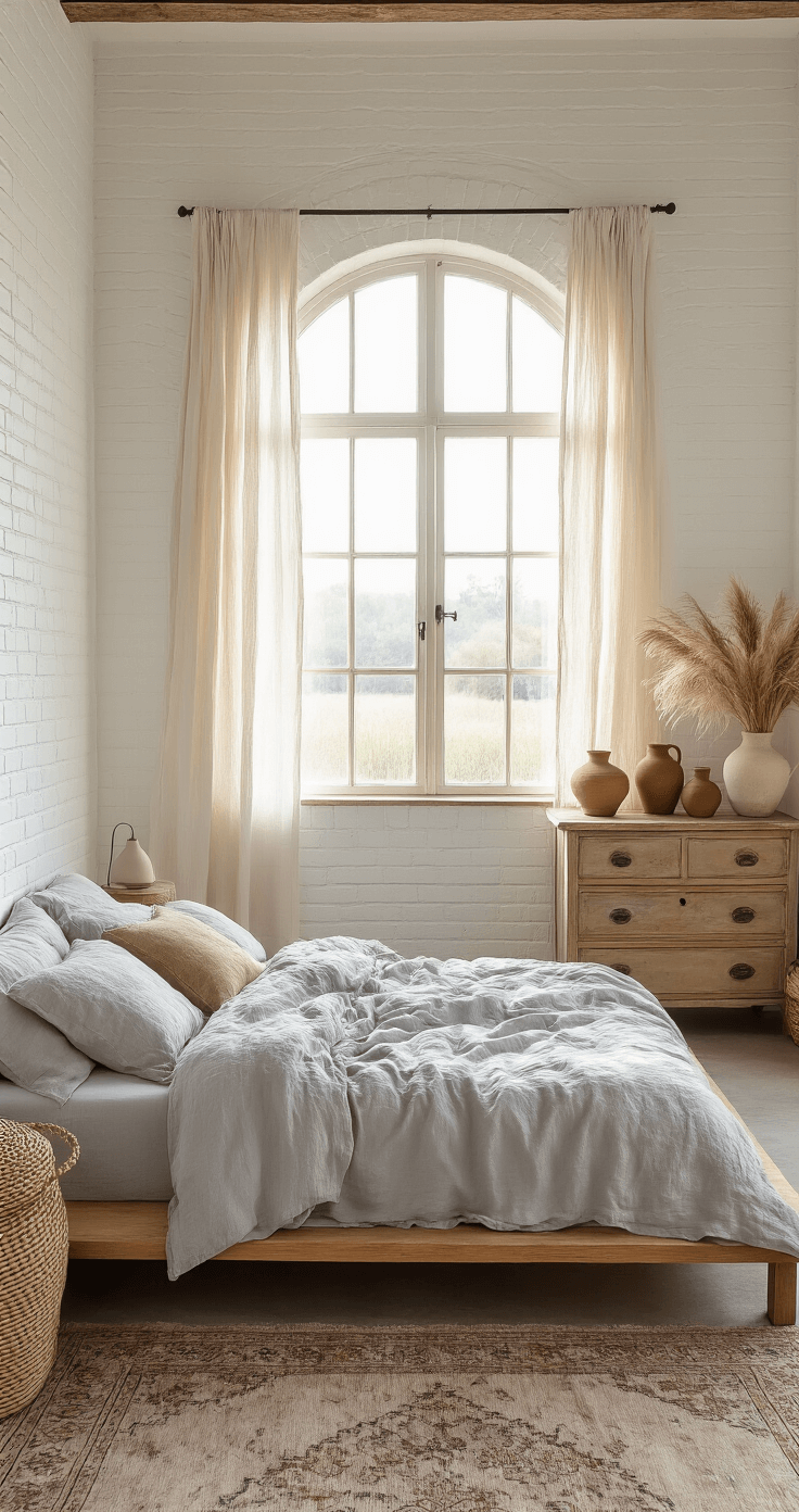A cozy bedroom with whitewashed brick walls, a large arched window draped in gauzy curtains, and a low wooden platform bed adorned with rumpled gray and ecru linen. A weathered oak nightstand with a minimalist lamp and a vase of dried pampas grass sits beside the bed, while a vintage dresser displays handmade pottery. A faded Persian rug lies underfoot, accompanied by woven baskets, a chunky knit throw, and framed photographs, all illuminated by the warm golden light of sunrise.