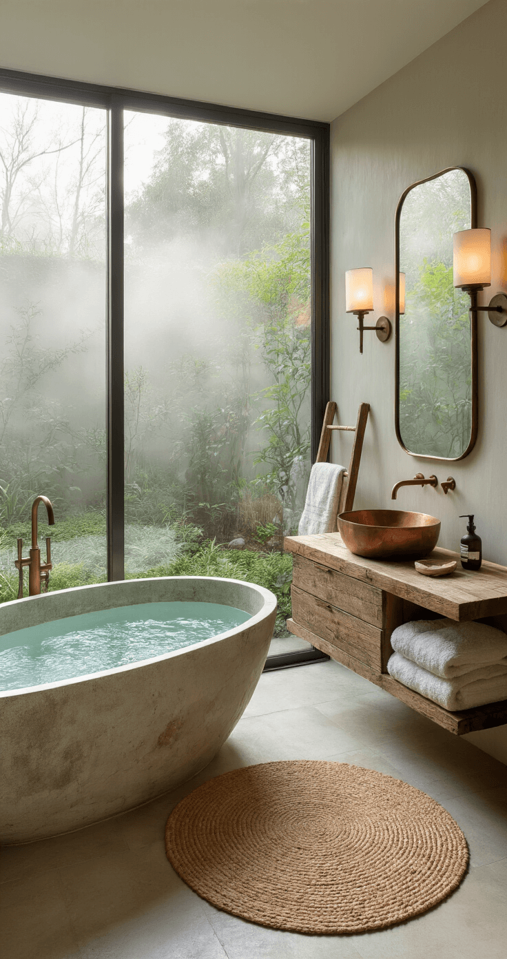 A serene bathroom featuring a freestanding oval stone bathtub, a floating reclaimed wood vanity with a hammered copper sink, and a tarnished brass faucet, illuminated by soft wall sconces. Floor-to-ceiling windows provide a misty view of a zen garden, enhancing the tranquil atmosphere filled with muted sage and clay towels, potted ferns, and a round jute rug.