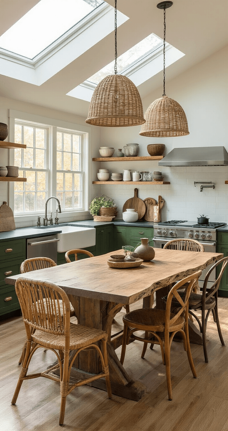 A cozy open-concept kitchen and dining area with forest green cabinets, honed soapstone counters, and reclaimed wood shelving. A farmhouse sink and live-edge wooden table surrounded by mismatched chairs, illuminated by warm woven pendant lights and late afternoon sunlight. Trailing plants and a gallery wall of handmade art complete the inviting atmosphere.