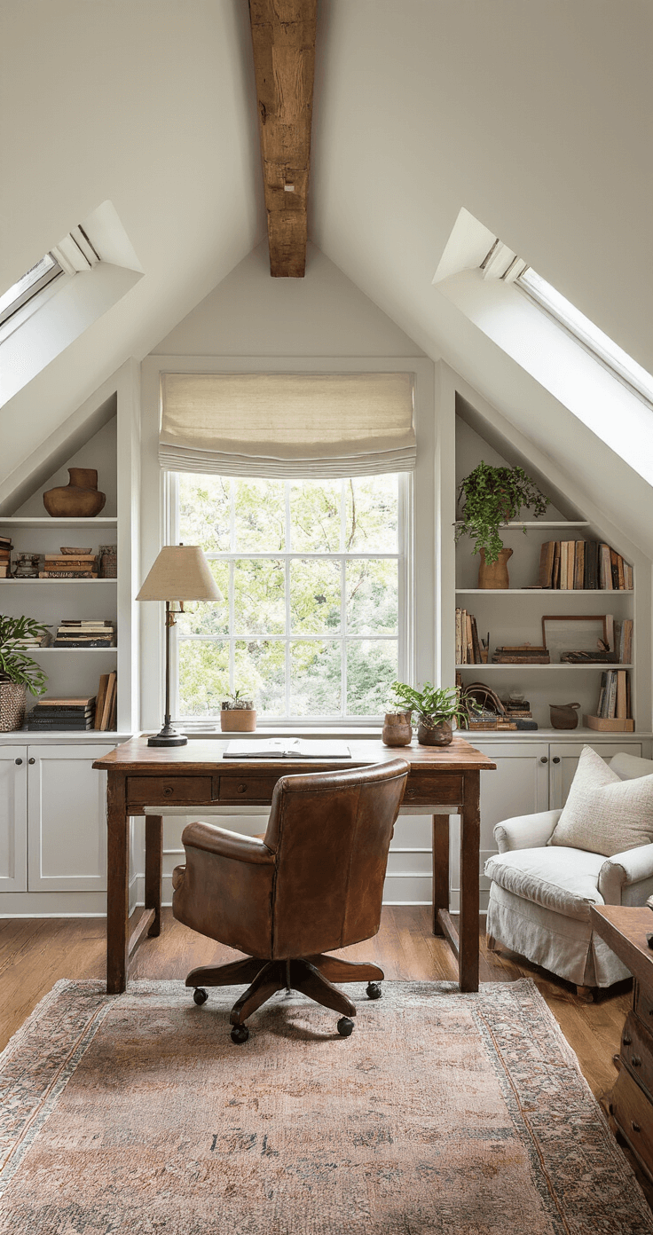 A cozy attic home office with slanted ceilings and exposed beams, featuring a large reclaimed wood desk facing dormer windows. Warm morning light filters through sheer roman shades, illuminating an antique leather chair and a woven kilim rug. Built-in bookshelves display curated books and plants, while a linen armchair sits in the reading nook, complemented by a floor lamp. The earthy color palette includes warm whites, soft grays, and hints of sage and rust.
