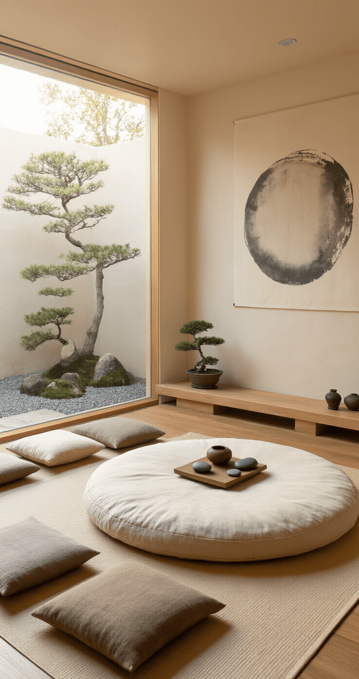 A tranquil meditation room with smooth clay walls in warm ivory, low windows revealing a rock garden, a large circular wool cushion surrounded by smaller cushions, a low wooden table with river stones and an incense holder, sumi ink circle on one wall, wabi-sabi calligraphy on another, bonsai trees, and a bamboo fountain, all bathed in soft morning light.