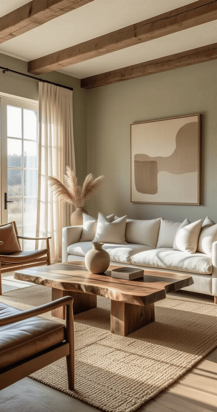 A sunlit living room featuring exposed wooden beams, a live-edge walnut coffee table, an oatmeal linen sofa, and a handwoven jute rug, with muted sage walls and an oversized abstract painting, all rendered in warm golden hour lighting.