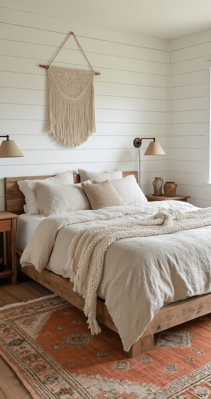 A cozy, softly lit bedroom featuring a king-size reclaimed barn wood platform bed with rumpled ecru linen bedding, mismatched ceramic bedside tables with brass lamps, a macramé wall hanging, and a vintage Moroccan rug, all emphasizing a serene wabi-sabi aesthetic.