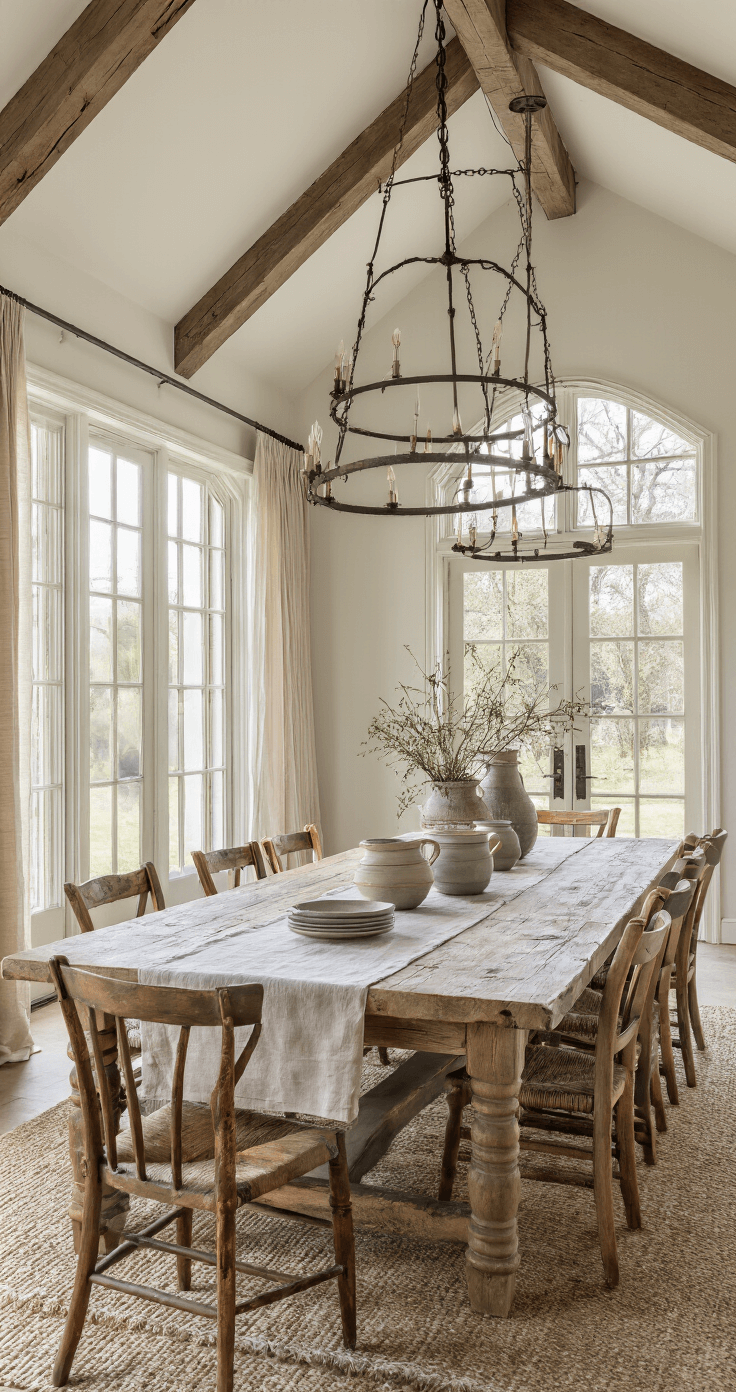 A spacious dining area featuring a large farmhouse table surrounded by vintage wooden chairs, illuminated by late morning sunlight filtering through gauzy curtains, with a statement chandelier overhead and a distressed sideboard displaying wabi-sabi pottery.