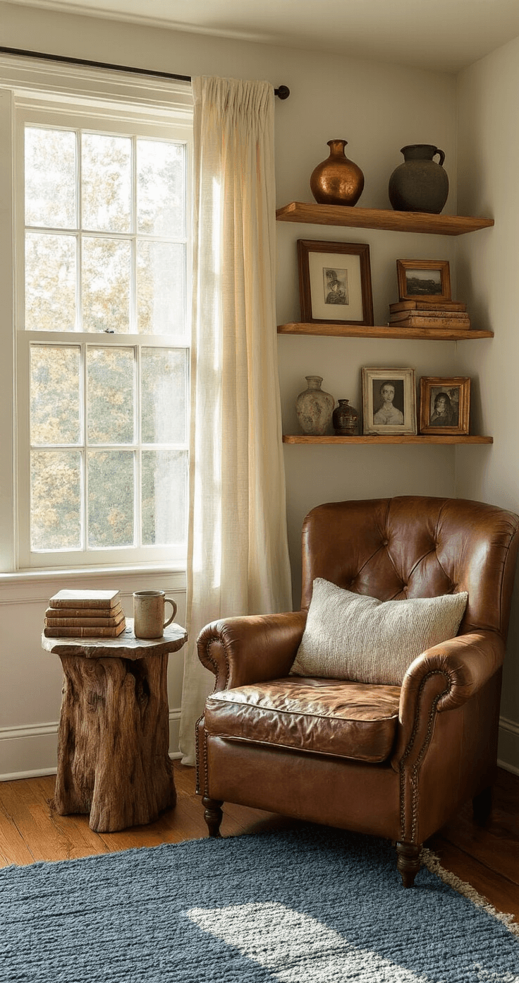 Cozy reading nook in a bay window with golden hour light illuminating a worn leather armchair, a gnarled wooden side table with vintage books and a ceramic mug, and open wooden shelves displaying stones and family photos. A faded indigo rug and sheer linen curtains create a dreamy atmosphere.