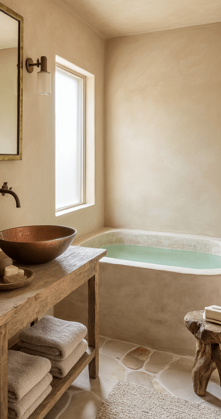 A serene bathroom featuring a freestanding stone bathtub, tadelakt walls in warm tones, and a reclaimed wood vanity with a copper sink, illuminated by early morning light filtering through frosted glass.