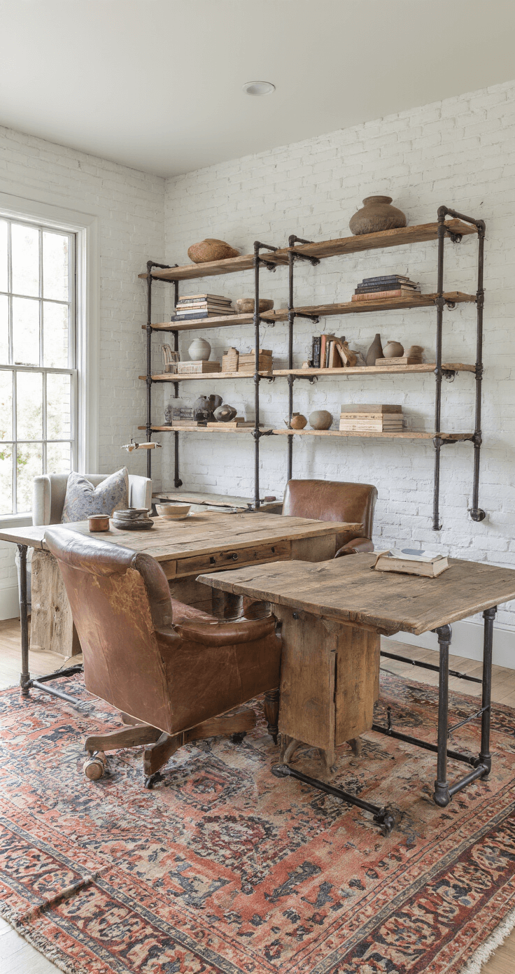 A bright home office with whitewashed brick walls, featuring a reclaimed wood desk and vintage leather chair, adorned with open shelving of pottery and books, a Moroccan rug, and a cozy reading nook with a linen armchair and ceramic lamp.
