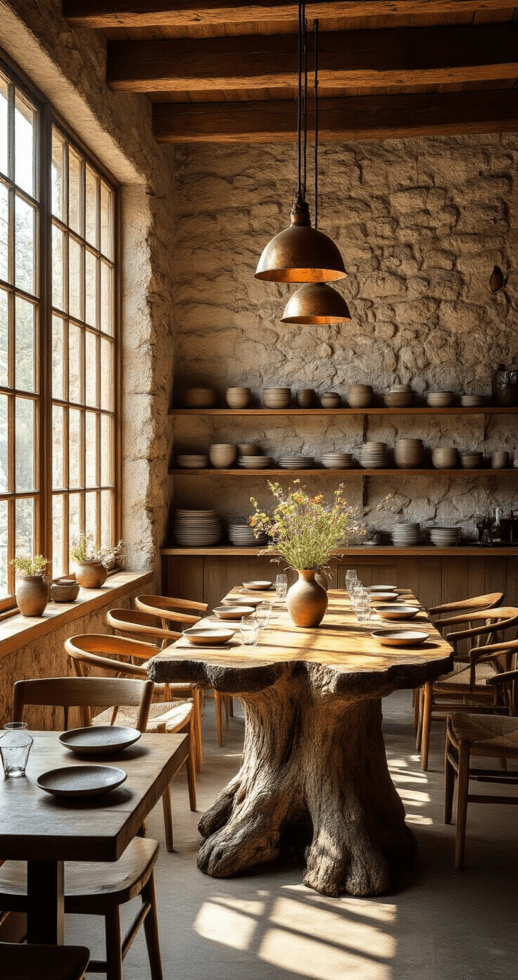 Interior of a wabi-sabi restaurant featuring rough stone walls, exposed wooden beams, and golden sunlight filtering through warped windows, highlighting mismatched wooden tables and a large gnarled tree trunk table, with handmade ceramic plates and wildflower vases adding to the rustic elegance.