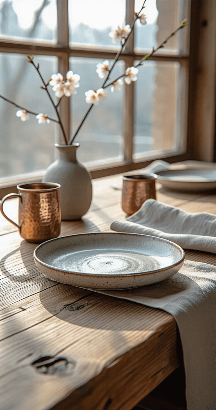Close-up of a rough-hewn oak table with a hand-thrown ceramic plate and a hammered copper mug, accompanied by mismatched linen napkins and a small vase with cherry blossoms, all bathed in soft natural light, showcasing a wabi-sabi aesthetic.
