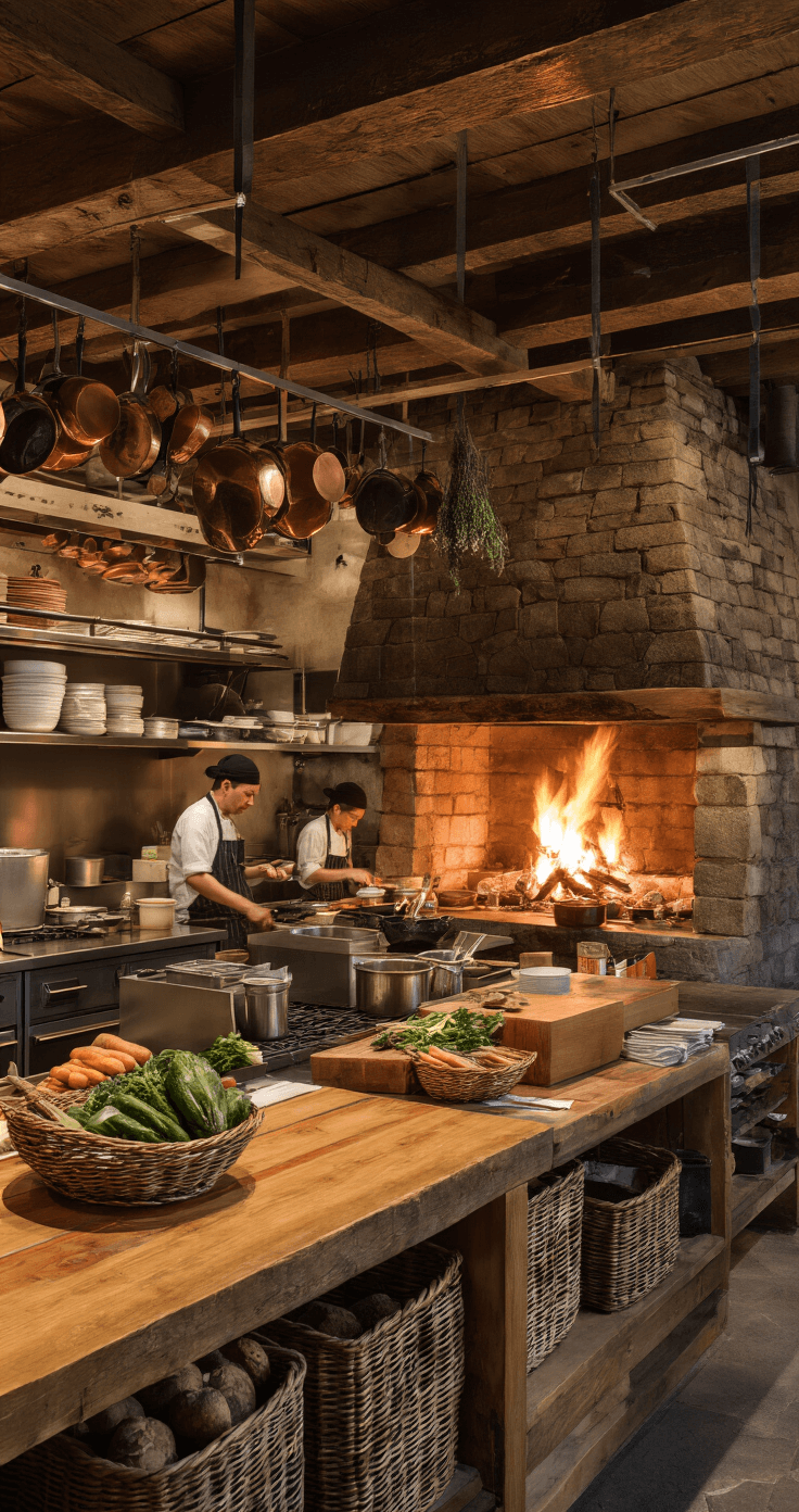 Wabi-sabi restaurant open kitchen featuring a large stone hearth, warm flickering firelight, chefs working with reclaimed wood and brushed steel stations, hanging copper pots and cast-iron pans, shelves with irregularly shaped vegetables, a worn wooden chopping block, and bundles of dried herbs hanging from beams, all creating a vibrant atmosphere of culinary craftsmanship.