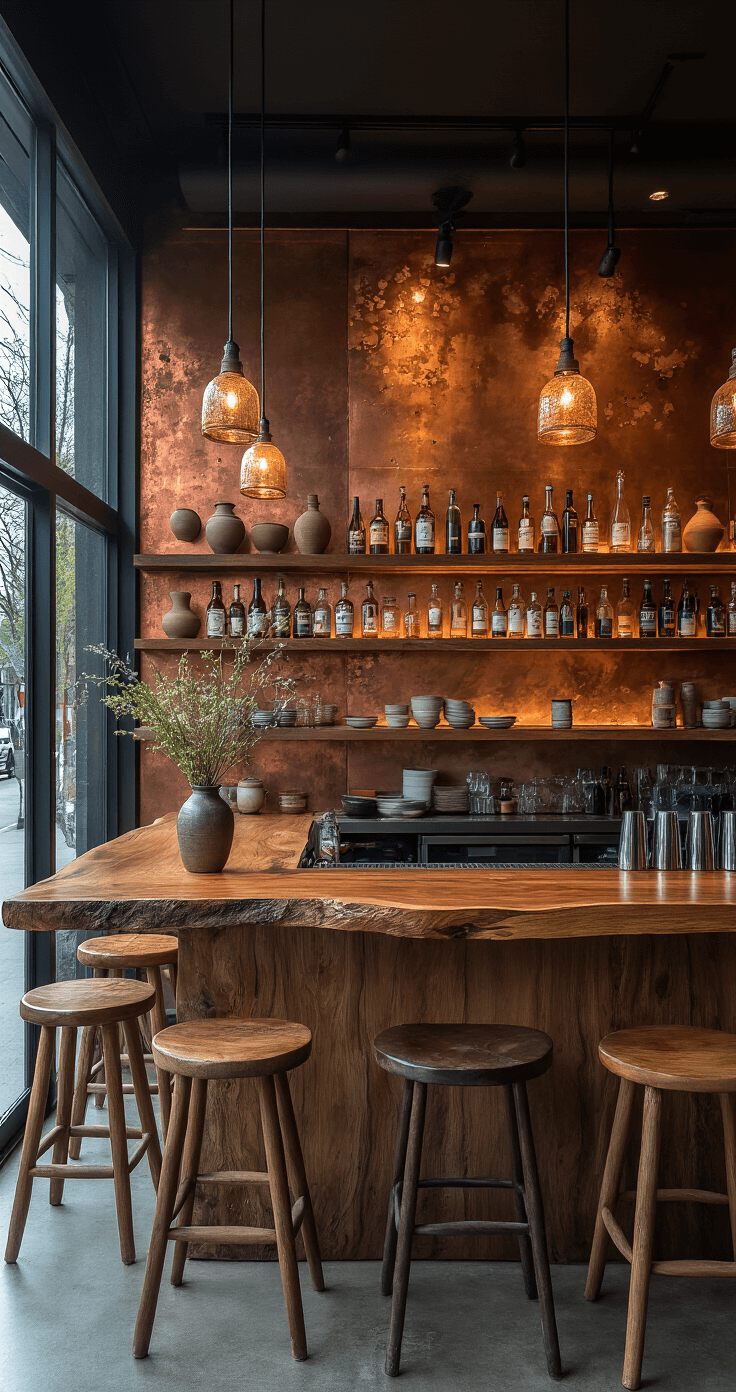 A cozy wabi-sabi restaurant bar area at twilight, featuring a live-edge wood bar, eclectic bottle shelves, a patina'd copper backsplash, warm pendant lights, mismatched barstools, and a small vase of foraged botanicals, creating an intimate and inviting atmosphere.