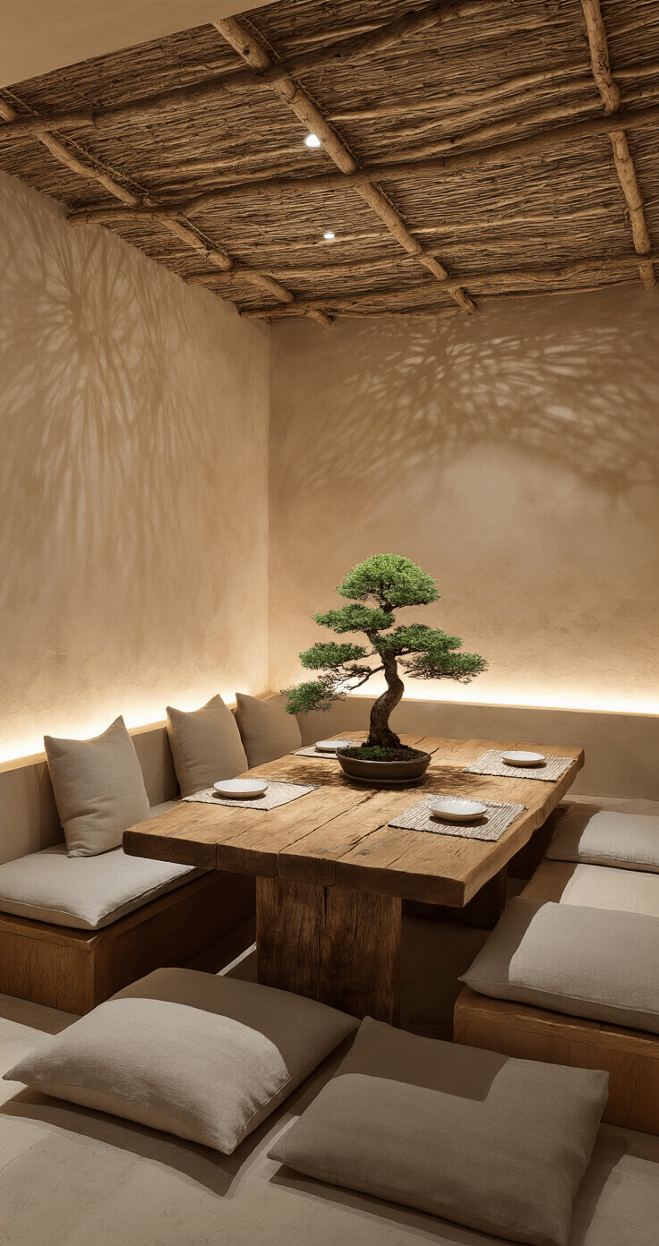 A cozy private dining nook in a wabi-sabi restaurant, featuring textured clay plaster walls, a reclaimed barn wood table with floor cushions, a canopy of dried branches, a bonsai tree centerpiece, and handwoven wool placemats, all softly lit for an intimate atmosphere.