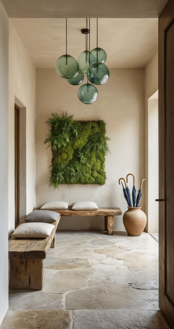 A serene restaurant entryway showcasing a wabi-sabi aesthetic with unpolished stone flooring, a living moss wall, weathered wooden bench with cushions, and a delicate glass orb mobile, all illuminated by soft dawn light.