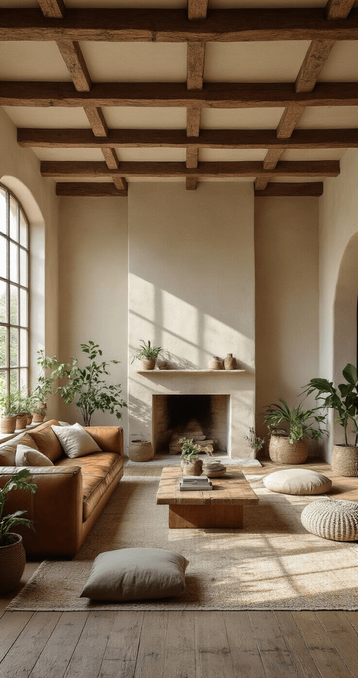 Bright sunlit living room with wooden beams and uneven plaster walls, featuring a worn leather sofa facing a cracked stone fireplace, surrounded by floor cushions and a knotted wood coffee table, adorned with potted plants in earth tones, and a handwoven rug on weathered hardwood.