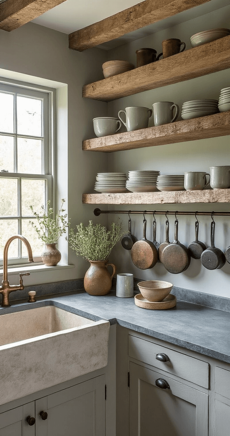 A cozy compact kitchen with reclaimed wood open shelving, a patinated copper faucet over a farmhouse sink, mismatched ceramic dishes, raw-edge soapstone countertop, hanging cast iron pans, and dried herbs from ceiling beams, all bathed in soft morning light.