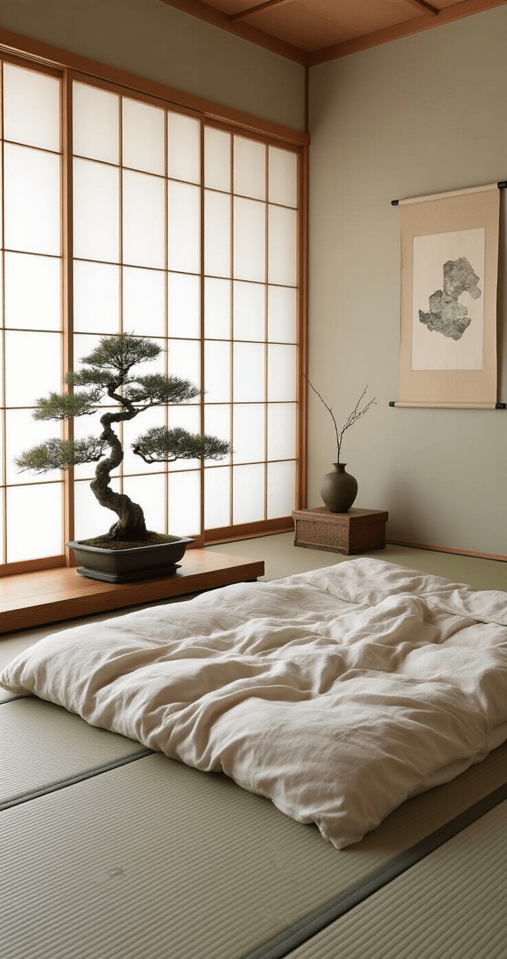 A serene bedroom featuring shoji screens, a low futon bed with rumpled linen bedding on a tatami mat floor, a gnarled bonsai tree on a wooden side table, and minimalist wabi-sabi artwork, all bathed in soft morning light.
