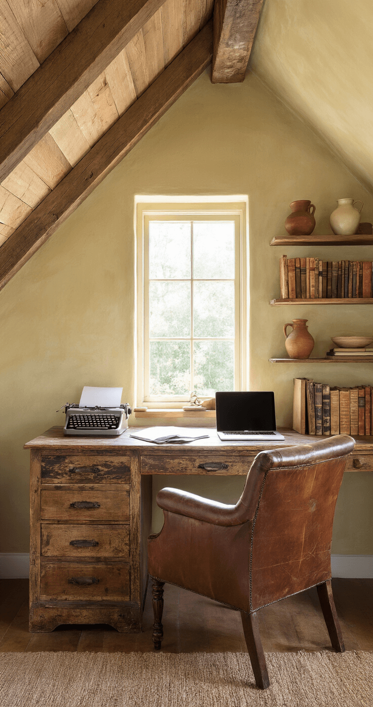 A cozy home office nook under a sloped ceiling, featuring a weathered wooden desk and antique leather chair illuminated by late afternoon sunlight, with open shelving of books and pottery, a vintage typewriter, and a modern laptop, all against textured ivory walls and a handwoven indigo wall hanging.