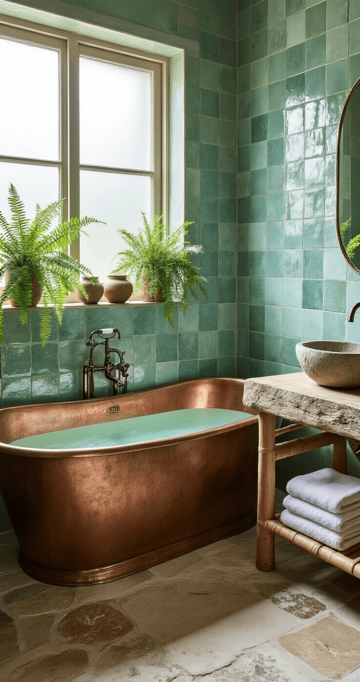 A serene bathroom featuring a tarnished copper bathtub as the centerpiece, illuminated by soft twilight through a frosted glass window, with sea green zellige tiles, a river-worn wood floating vanity, natural stone flooring with fossils, and lush ferns in ceramic pots, all reflected in a slightly foxed mirror.