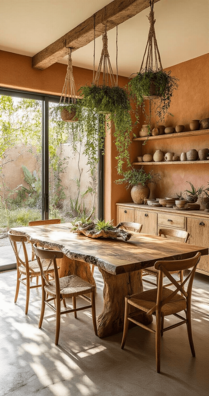 An inviting dining area features a live-edge wooden table surrounded by mismatched vintage chairs, illuminated by golden hour light streaming through sliding glass doors. The walls are adorned with warm terracotta clay plaster, and a sideboard displays hand-thrown ceramics. Hanging macramé plants create a lush canopy while an overgrown garden with a moss-covered stone lantern enhances the connection to nature.