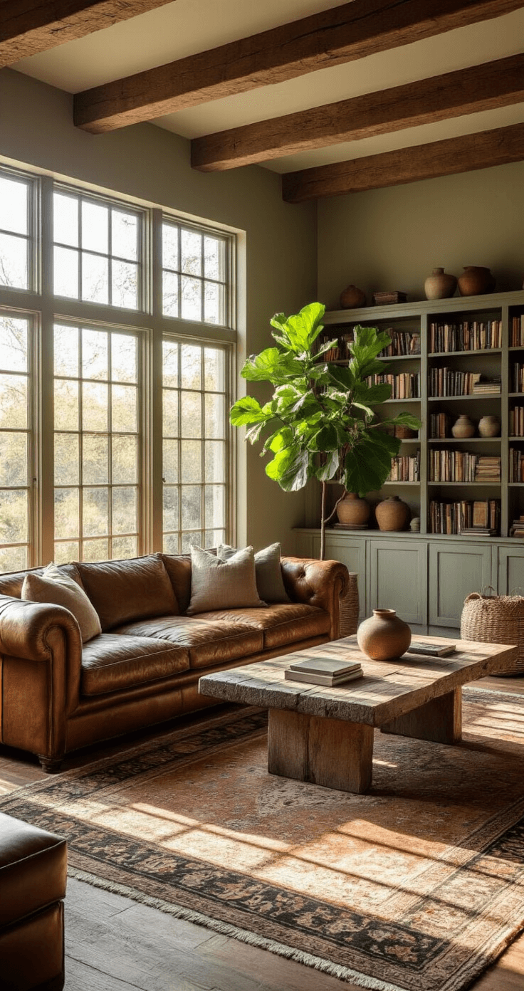 A warm, sunlit living room featuring exposed wooden beams, a leather sofa facing a rustic coffee table, and bookshelves filled with books and ceramics, all set on a faded Persian rug over distressed hardwood floors, with a large fiddle leaf fig in the corner, evoking a serene and inviting atmosphere.