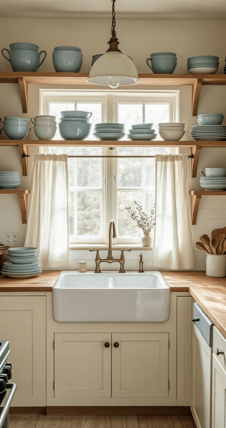 A cozy kitchen with open shelving, featuring a farmhouse sink with a tarnished brass faucet, mismatched ceramic dishes in soft blues and creams, a butcher block island with knife marks, and dried herbs hanging from a ceiling rack, all illuminated by soft, diffused morning light.