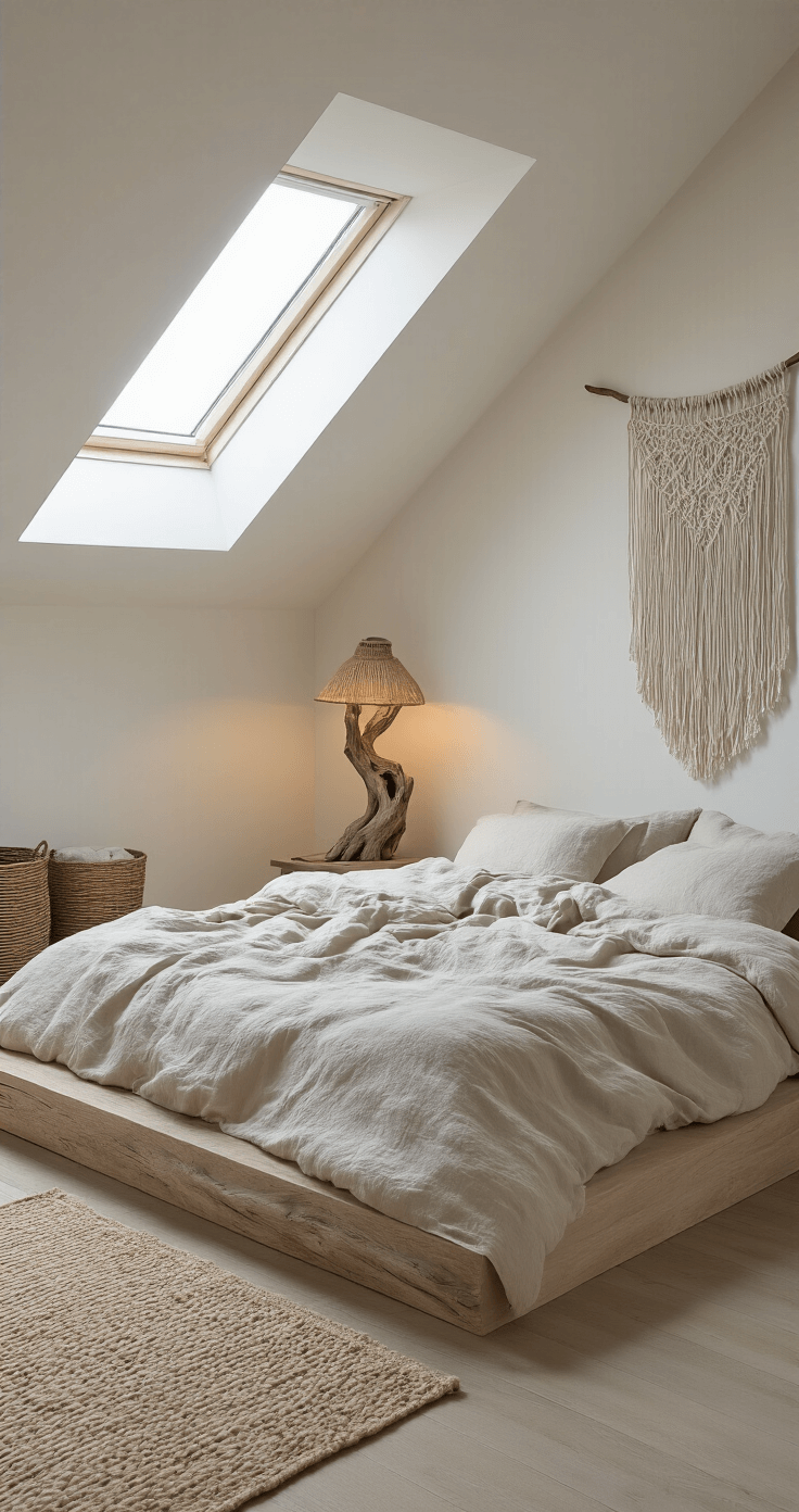 A serene bedroom with sloped ceilings, bathed in soft moonlight from skylights. The low platform bed features rumpled oatmeal-toned linen sheets, while a gnarled driftwood lamp rests on a simple nightstand. Woven baskets hold extra blankets, and a handmade macramé wall hanging decorates one wall. The color palette consists of soft whites, warm grays, and natural wood tones, creating a peaceful and dreamy atmosphere.