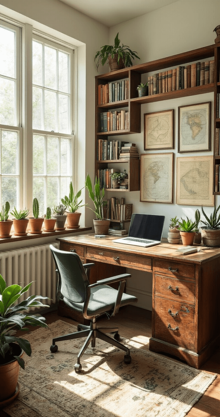 Eclectic home office with built-in bookshelves and an antique wooden desk facing large windows, filled with mid-morning sunlight highlighting dust motes. A modern ergonomic chair contrasts with the desk, while potted succulents line the windowsill. Vintage maps and pressed leaves in mismatched frames adorn the walls, creating a scholarly and curated atmosphere amidst the rich wood tones, forest green, and cream color palette. The camera angle looks down from above, capturing a bright and slightly cluttered workspace.