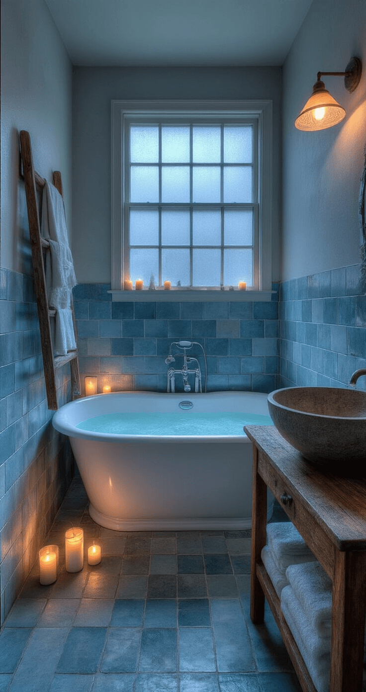 A serene bathroom featuring a freestanding clawfoot tub under soft twilight from frosted glass, with uneven handmade blue tiles on the walls, a weathered wooden ladder as a towel rack, and a stone basin sink on a reclaimed wood vanity, surrounded by scattered candles creating a calming, spa-like atmosphere.