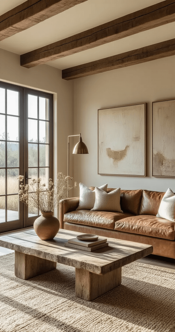 A cozy, sunlit living room featuring exposed wooden beams, a weathered leather sofa, a rough-hewn coffee table, and textured throw pillows, with large windows casting long shadows and highlighting abstract paintings on soft ecru walls. A vintage brass floor lamp adds warmth to the inviting space.