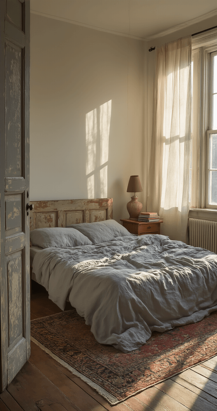 A cozy 10x12 ft bedroom illuminated by morning light, featuring an unmade bed with rumpled grey organic cotton sheets, a repurposed wooden door headboard, mismatched nightstands, and a faded Persian rug. Dust motes are visible in the sunbeams filtering through sheer linen curtains.