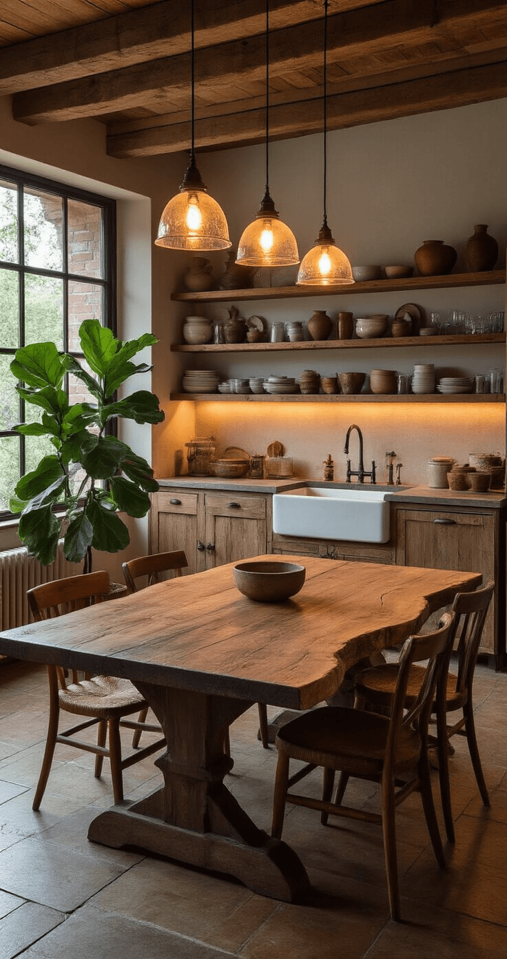 Open-plan kitchen and dining area at twilight, with warm ambient lighting, featuring reclaimed wood shelving, handmade pottery, vintage glassware, a worn farmhouse sink, a live-edge wood dining table with mismatched chairs, and a large fiddle leaf fig in the corner.