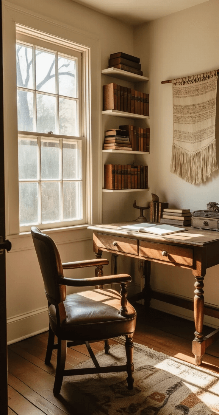A cozy home office nook featuring an antique writing desk and a worn leather chair, illuminated by late morning sunlight streaming through a small, warped window. Open shelves display vintage books and curios. A handwoven wall hanging adds softness to the warm ivory walls, which show slight imperfections. The high-angle perspective captures the entire nook's inviting atmosphere.