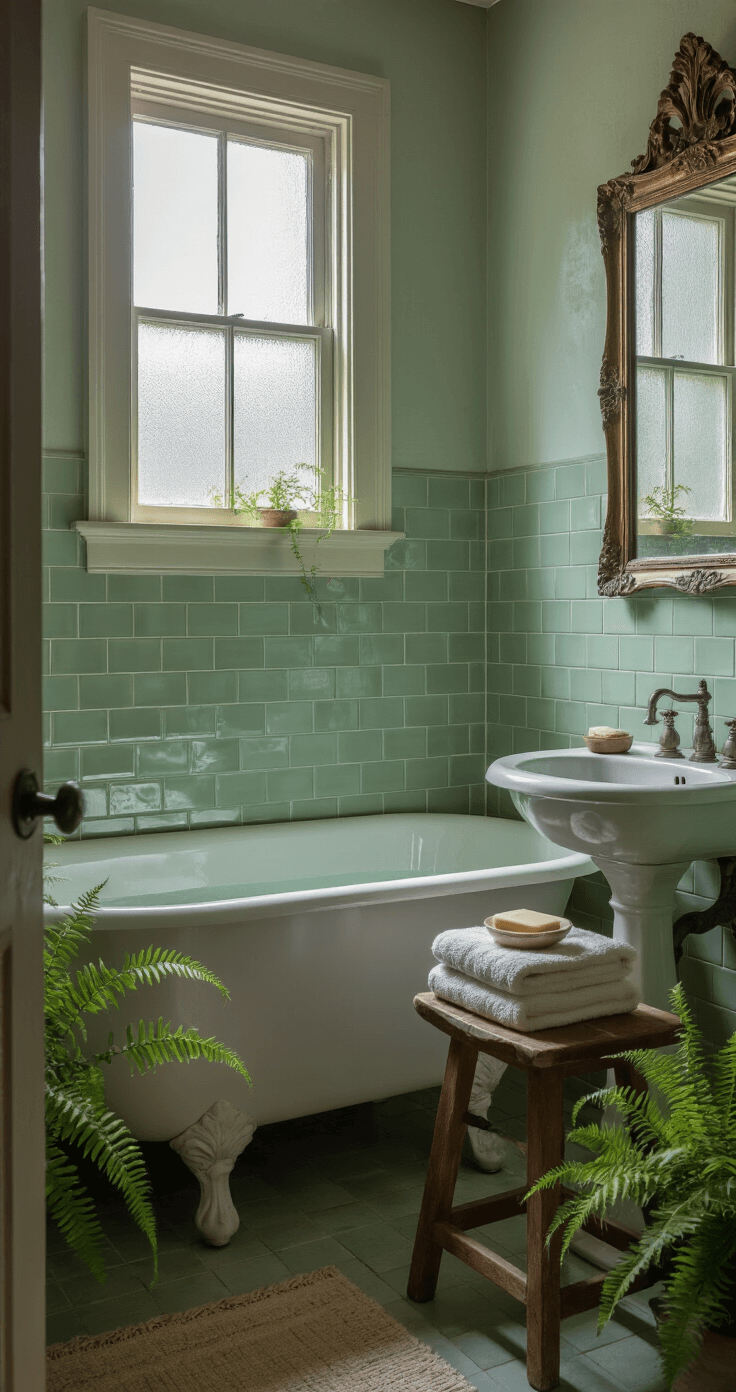 A serene bathroom at dusk featuring a clawfoot tub, frosted glass window, uneven green subway tiles, vintage mirror, and potted ferns, all bathed in soft, diffused lighting.