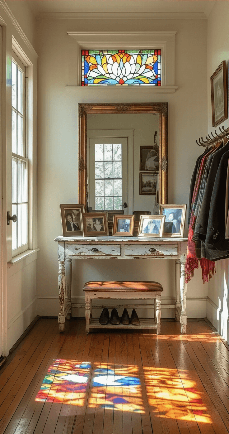 A cozy 10x12 ft entryway illuminated by mid-morning light, featuring a stained glass transom window, an antique console table with family photos, a tarnished mirror, a vintage coat rack, and a weathered leather bench on a worn hardwood floor.