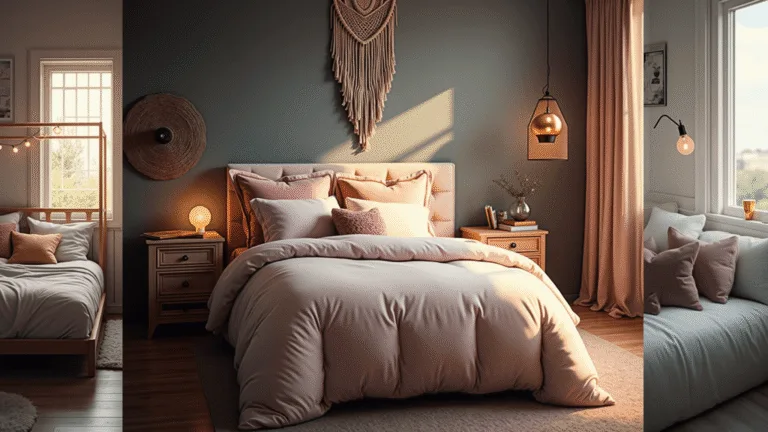 A cinematic photo-realistic interior compilation showcasing five distinct bedroom styles in a magazine layout, including a dreamy soft-girl bedroom with blush pink accents, a moody boho space, a dark academia corner, a minimalist setup, and an indie grunge area, featuring dramatic lighting and hyperrealistic textures.