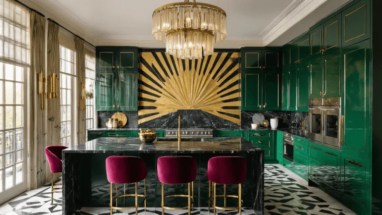 A luxurious Art Deco kitchen with emerald green lacquered cabinets, black marble countertops, a gold and cream tile backsplash, and a tiered brass chandelier, featuring velvet barstools and chrome appliances, captured in warm golden hour lighting.