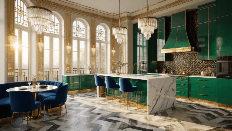A luxurious Art Deco kitchen featuring emerald green cabinets, a marble island, and sapphire blue bar stools, illuminated by golden hour sunlight with intricate details and reflections.