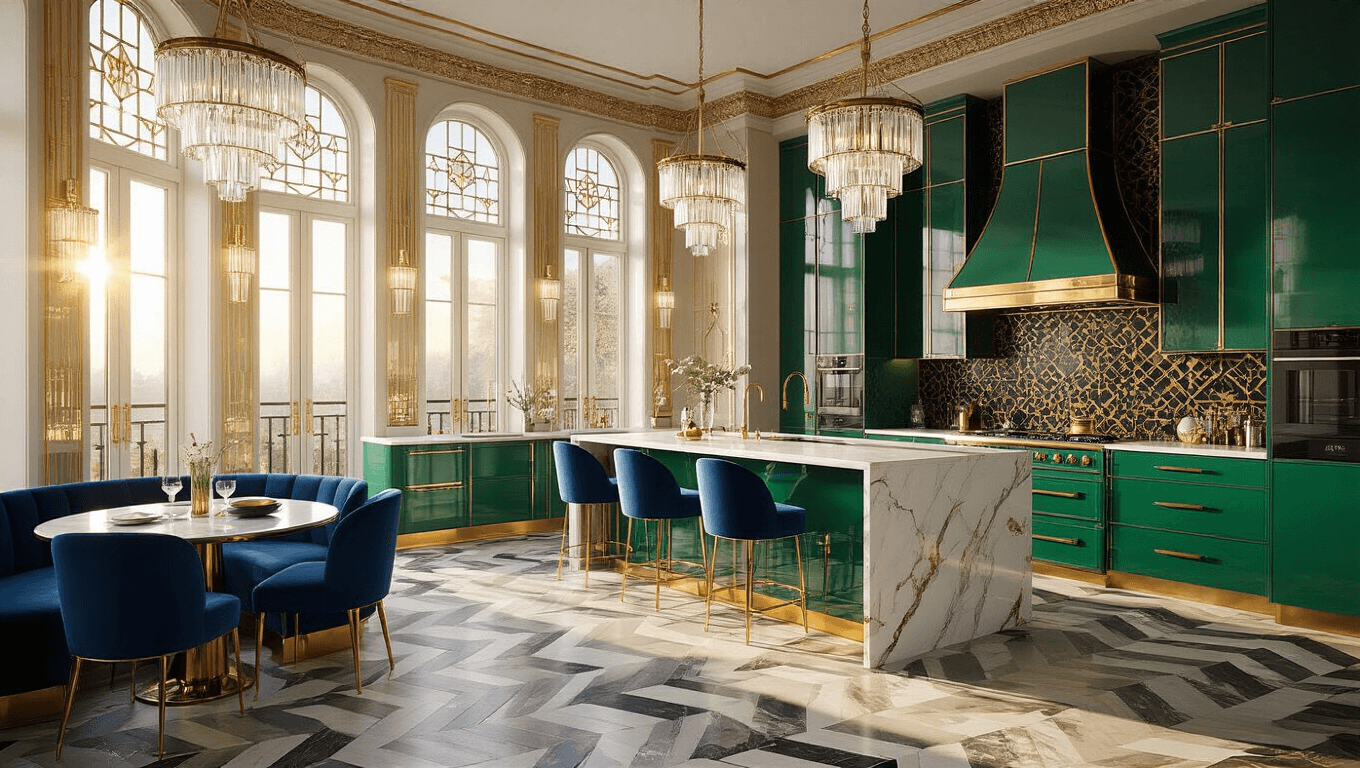 A luxurious Art Deco kitchen featuring emerald green cabinets, a marble island, and sapphire blue bar stools, illuminated by golden hour sunlight with intricate details and reflections.