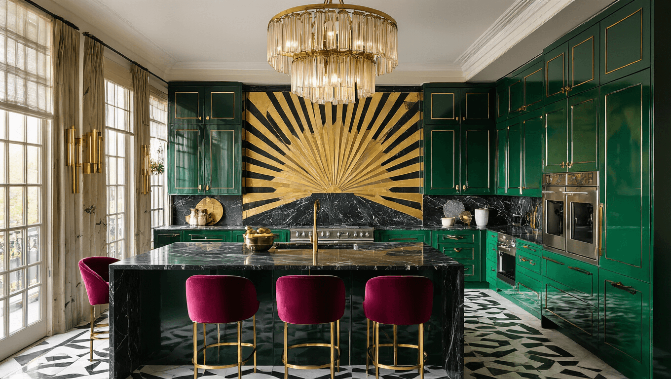 A luxurious Art Deco kitchen with emerald green lacquered cabinets, black marble countertops, a gold and cream tile backsplash, and a tiered brass chandelier, featuring velvet barstools and chrome appliances, captured in warm golden hour lighting.