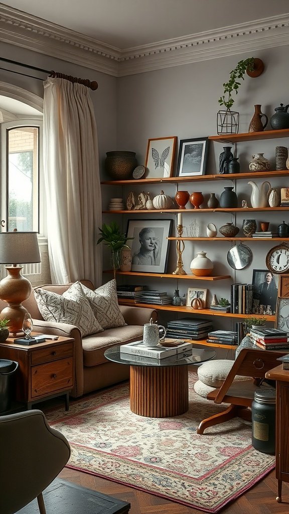 Cozy living room with open shelves displaying various decorative objects and plants