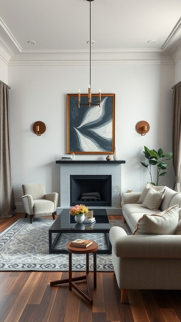 A cozy living room featuring a fireplace, two armchairs, a coffee table, and artwork, showcasing a balance of symmetry and asymmetry.