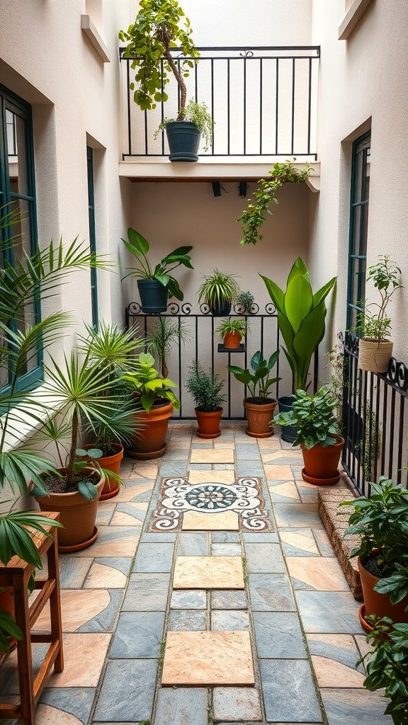 A small balcony garden with a stone pathway and various potted plants.